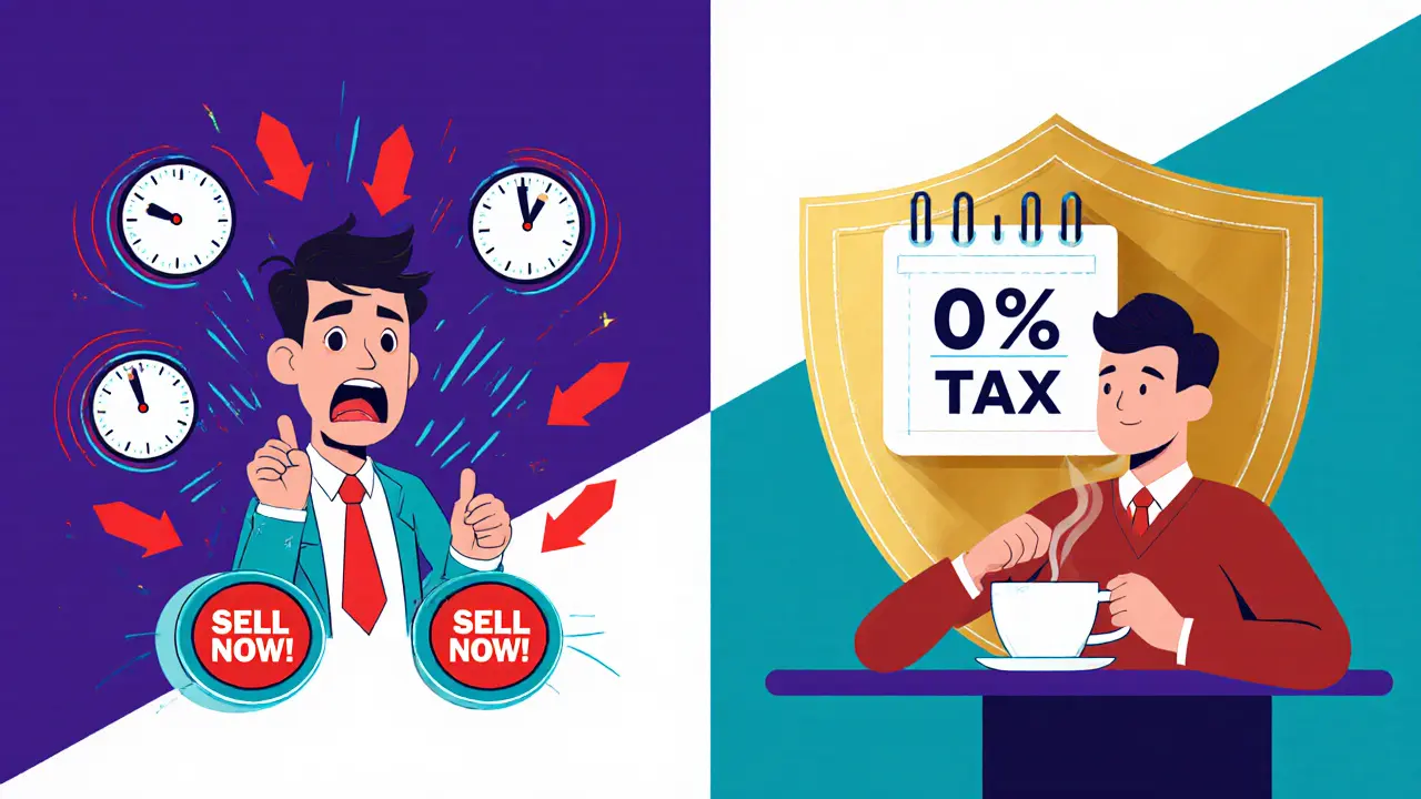 Dois personagens: um trader estressado e um investidor calmo, comparando venda imediata e espera de um ano.