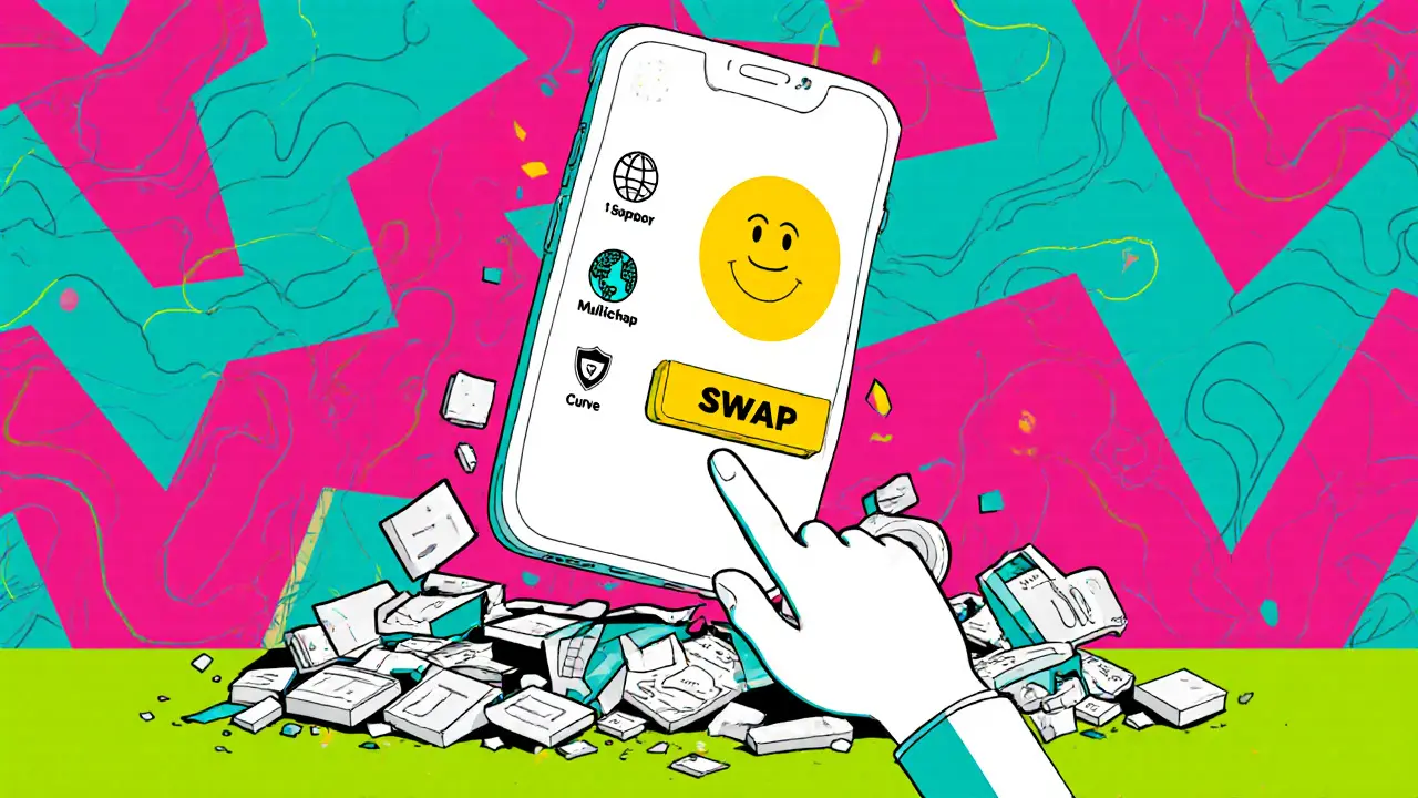 Écran de téléphone affichant l&#039;interface simple de PartySwap avec un bouton Swap en jaune vif.