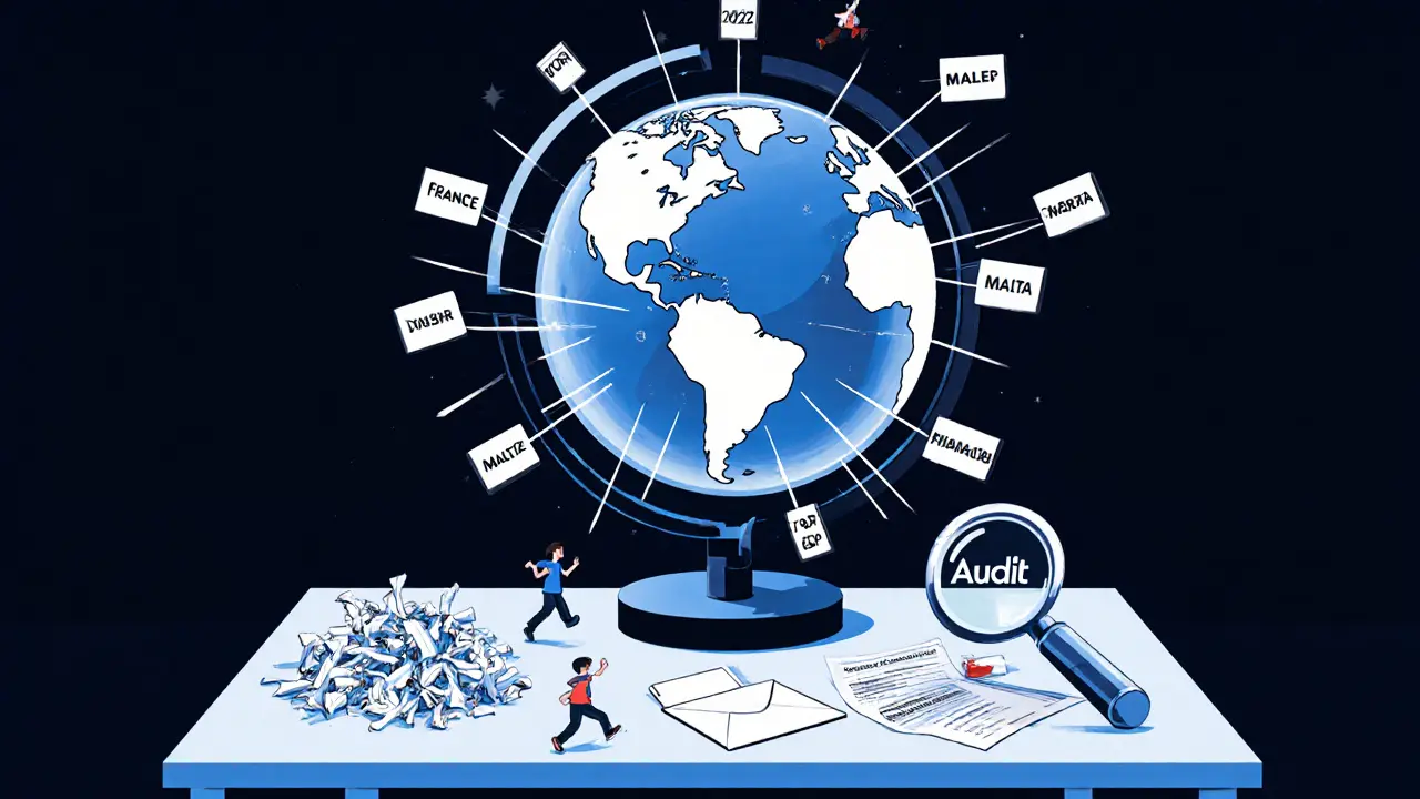 Globe transparent connecté par des faisceaux CARF 2027, des documents fiscaux déchirés sur un bureau.