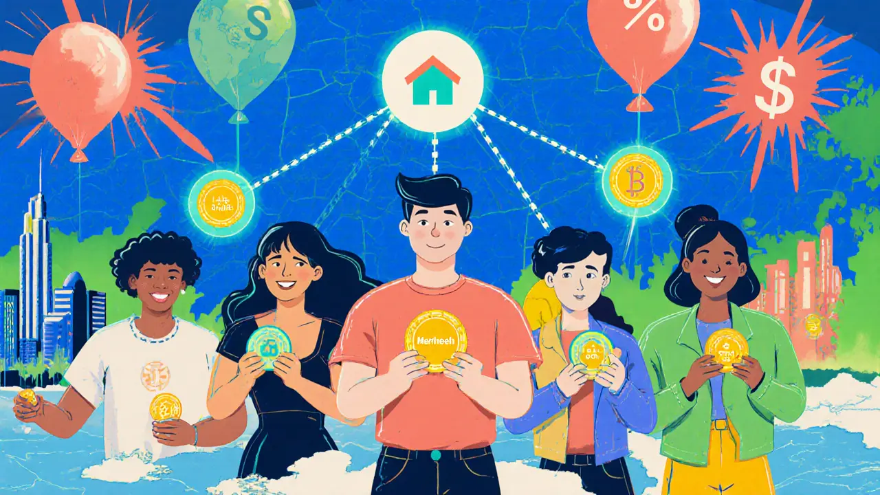 Groupe d&#039;investisseurs tenant des jetons immobiliers sur une carte européenne connectée par une chaîne blockchain stylisée.