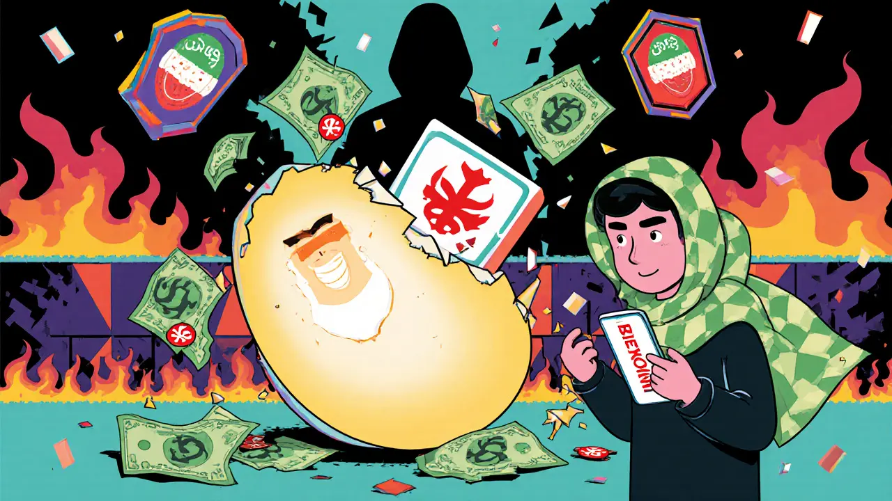 Logo Nobitex cassé déversant des billets, masques de pirate et symboles de la Garde révolutionnaire.