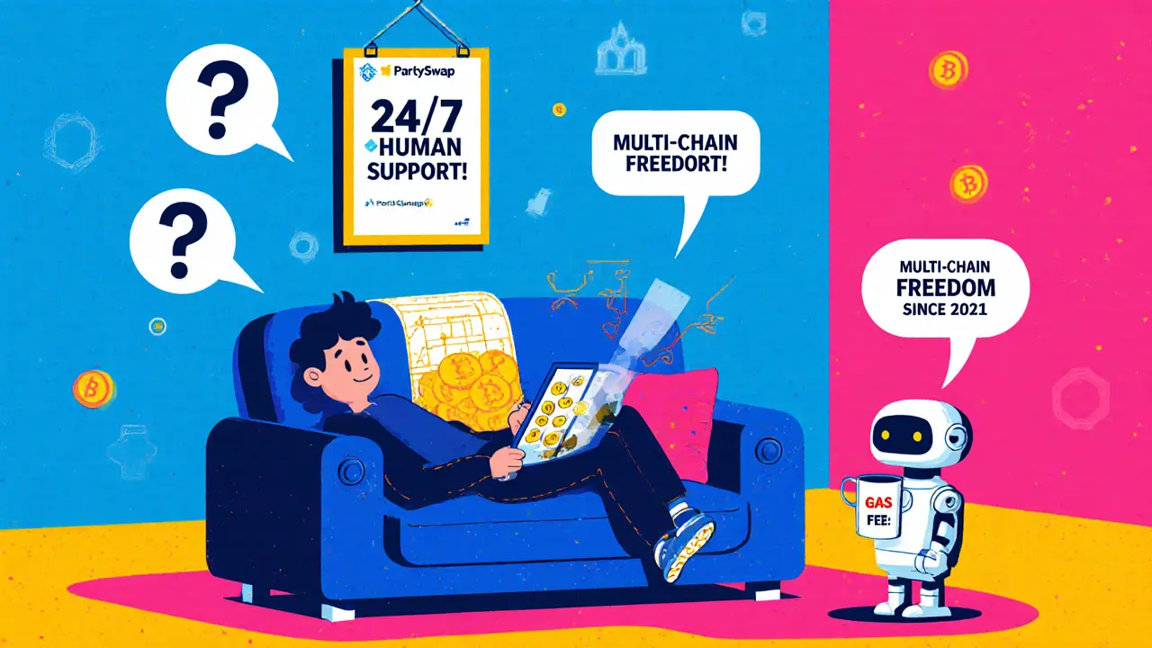 Personne détendue échangeant des crypto en toute simplicité, entourée d&#039;éléments stylisés de support et sécurité.