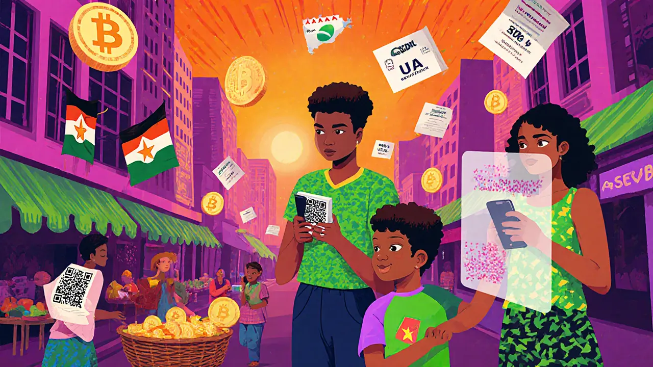 Personnes d&#039;Afrique et d&#039;Asie utilisant des cryptos dans une ville stylisée, avec des jetons et des reçus numériques flottants.