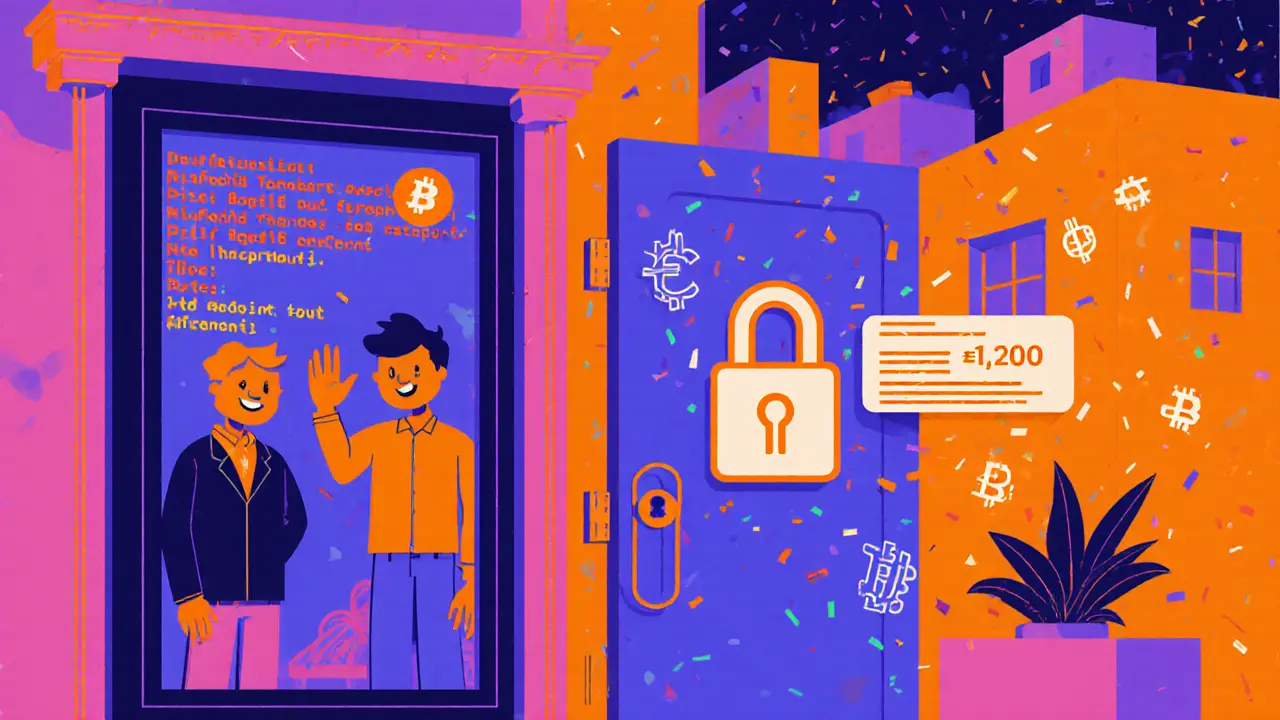 Serrure numérique qui s&#039;ouvre automatiquement grâce à un contrat intelligent, dans un style géométrique et vif.