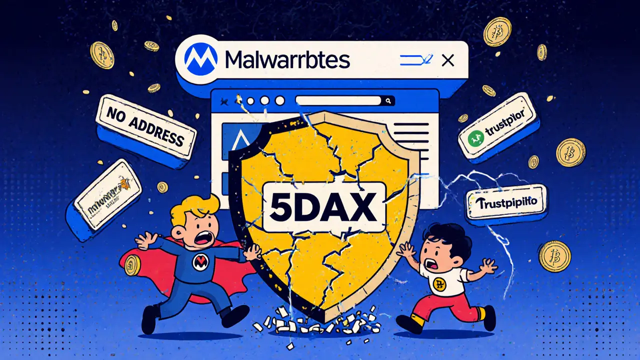 Un bouclier de sécurité qui se brise face à 5DAX, avec des utilisateurs en fuite et des indices d&#039;escroquerie en arrière-plan.