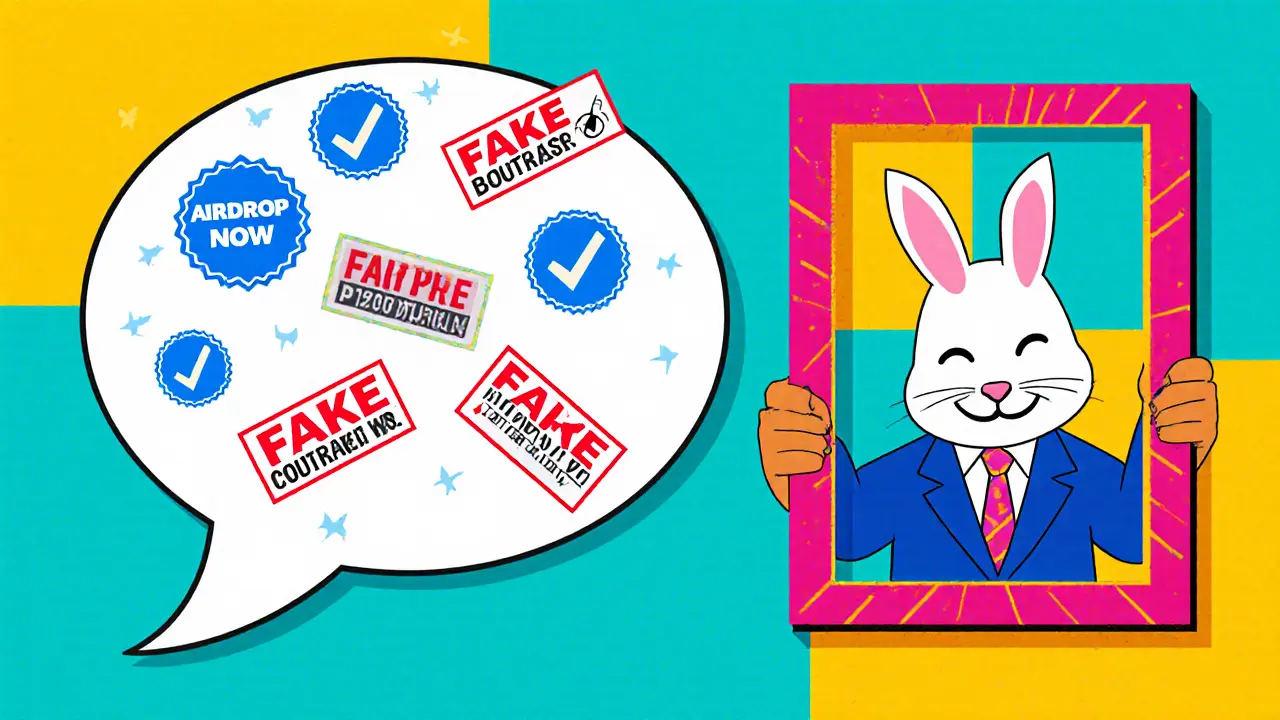 Un chat Telegram trompeur avec des boutons d&#039;airdrop faux et un escroc en masque de lapin, style Memphis.
