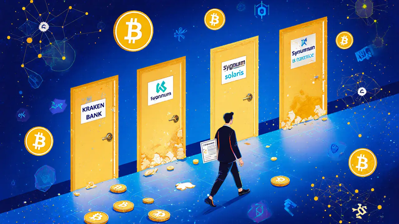 Un trader avance vers des banques crypto modernes, les banques traditionnelles derrière lui s&#039;effondrent.