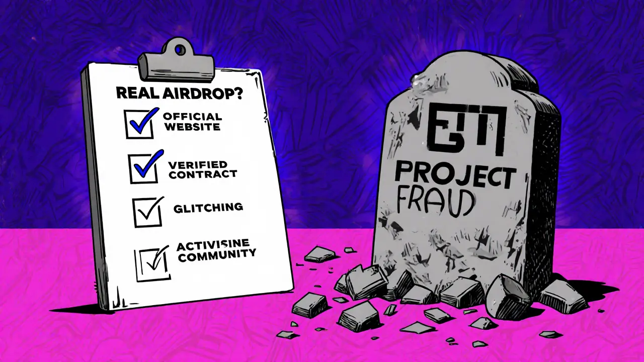 Une checklist lumineuse pour un airdrop légitime à côté d&#039;une pierre tombale &#039;RBT - Projet mort&#039;, en style Memphis.