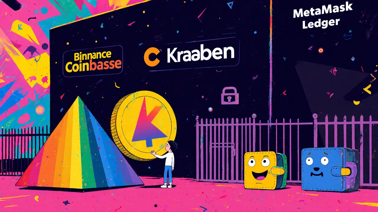 Utilisateur avec un gros jeton TALK face à un mur de plateformes de crypto bloquées.