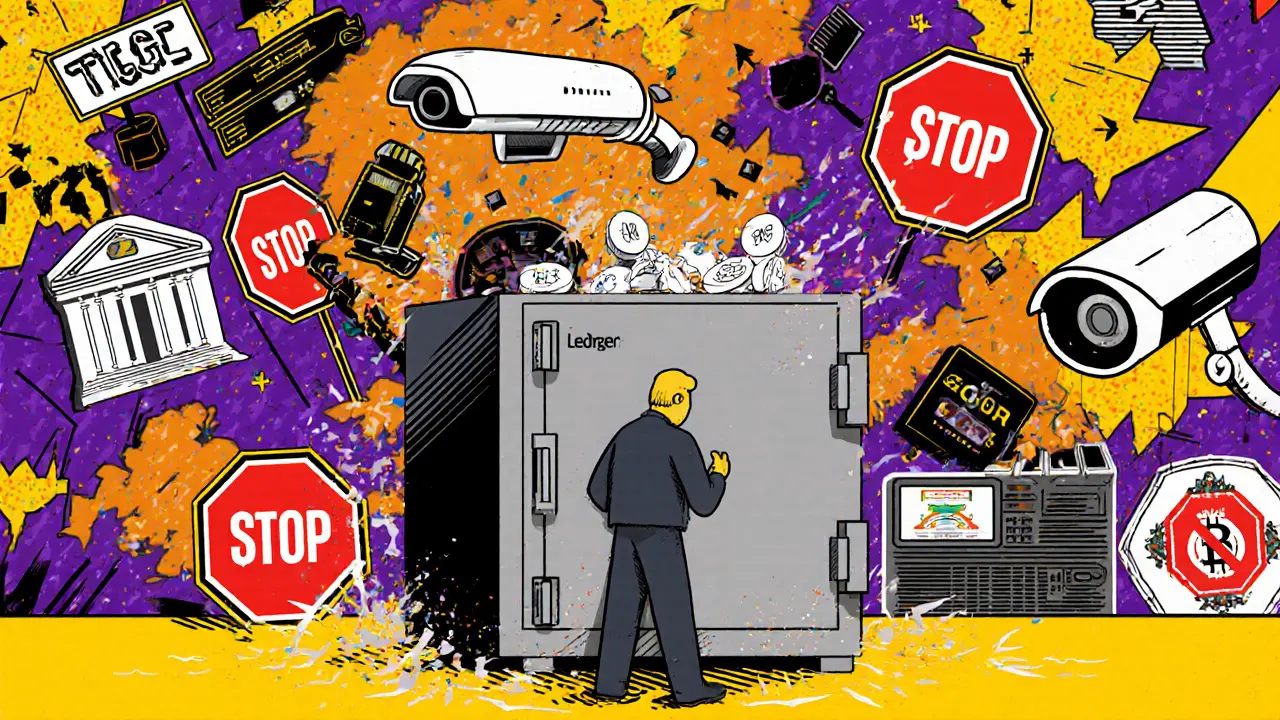 Utilisateur range ses actifs dans un portefeuille hors ligne, tandis que des menaces numériques explosent derrière lui.