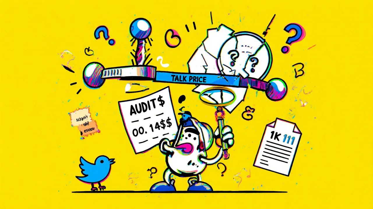 Yo-yo de prix TALK qui oscille entre des valeurs extrêmes, entouré de symboles d&#039;incertitude.