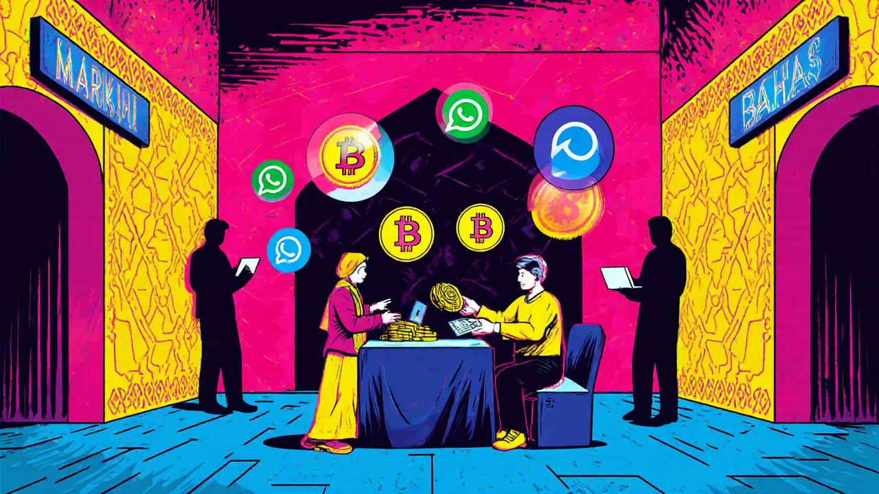 Échangeur de crypto à Marrakech acceptant des dirhams en échange de USDT, dans un décor Memphis coloré.