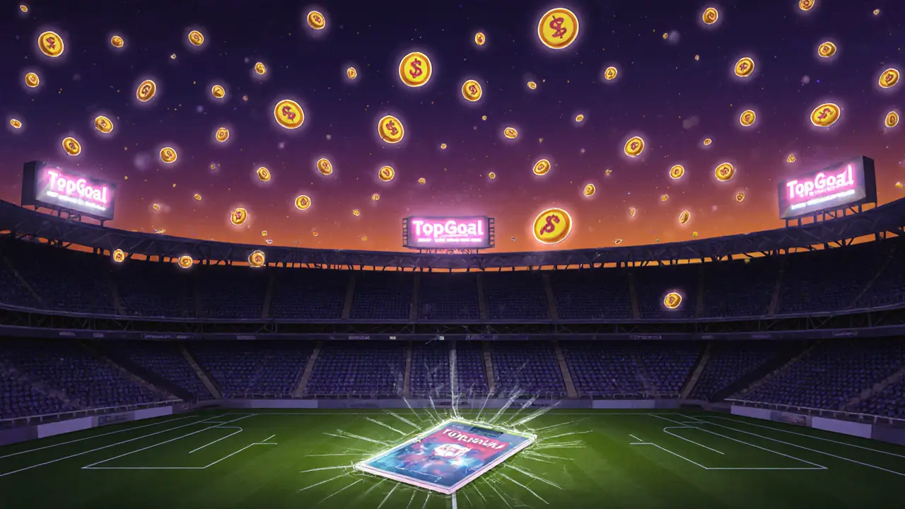 Stade vide avec des jetons GOAL flottants et une carte NFT abandonnée sous un ciel néon.