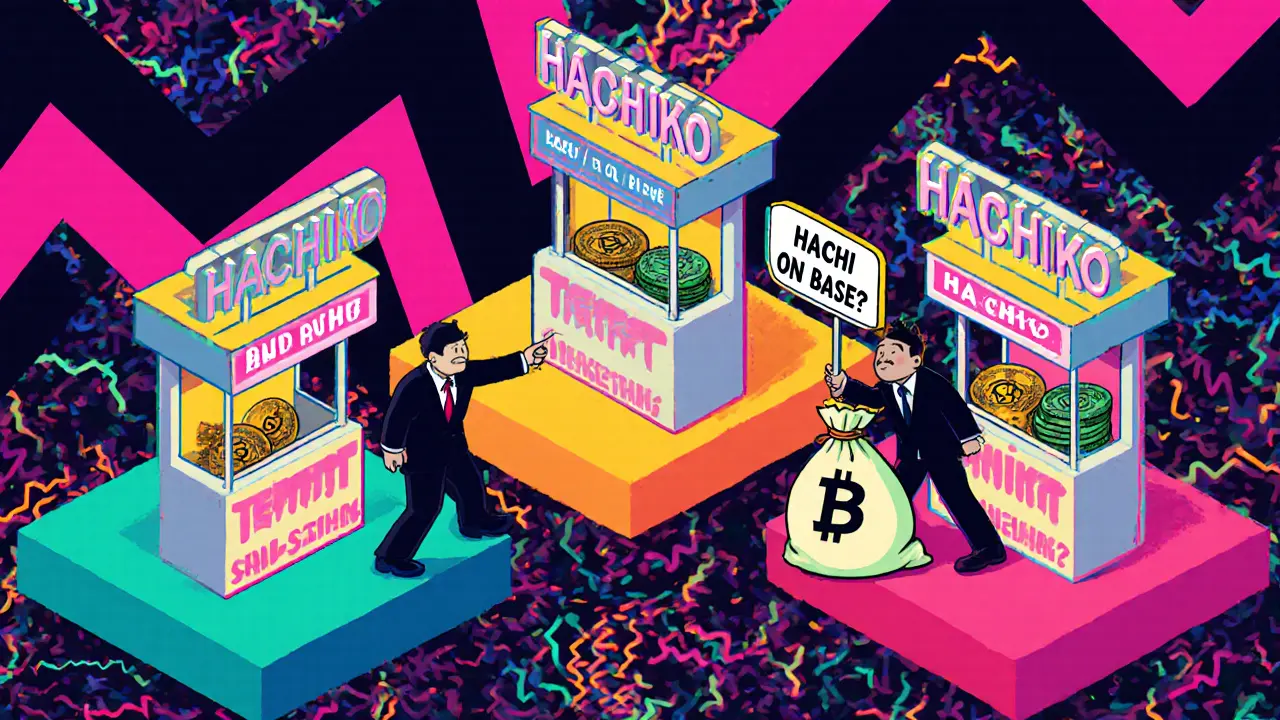 Trois jetons HACHI sur différentes blockchains, un investisseur confus et un escroc qui s&#039;enfuit dans un style Memphis.