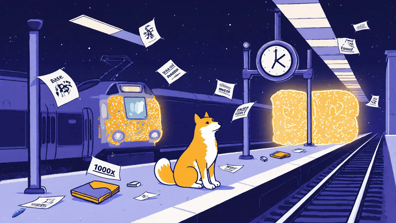 Un chien Akita fidèle sur un quai de gare, avec des blocs Bitcoin et un réseau blockchain stable en arrière-plan.