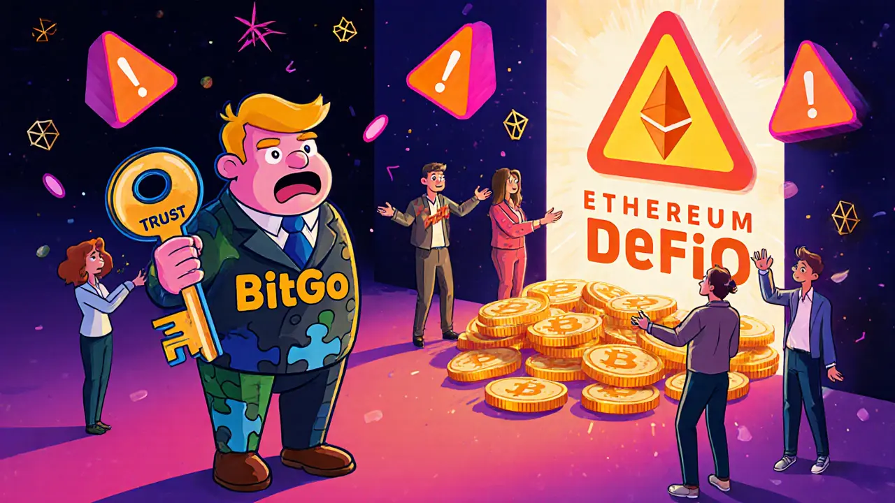 Un gardien en costume-puzzle remet des Bitcoins à un portail DeFi, entouré de signaux d&#039;avertissement.