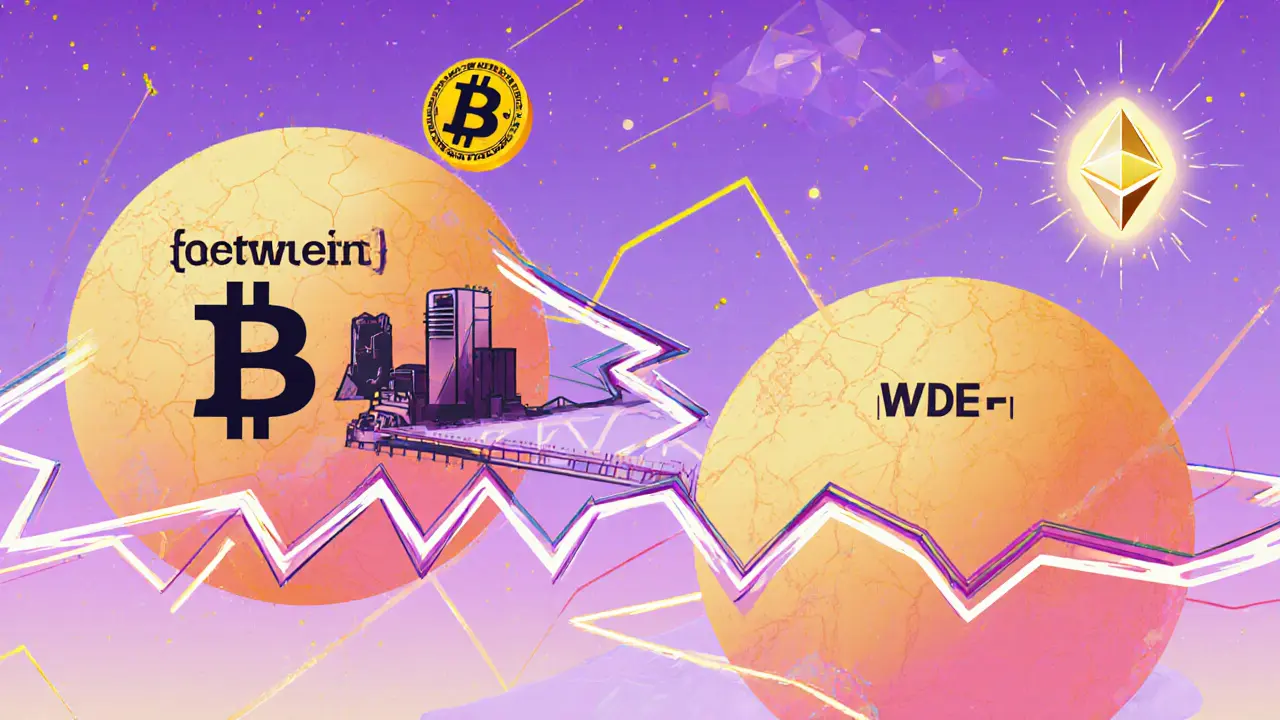 Un pont géométrique relie Bitcoin et Ethereum, avec un actif emballé remplacé par une preuve cryptographique.