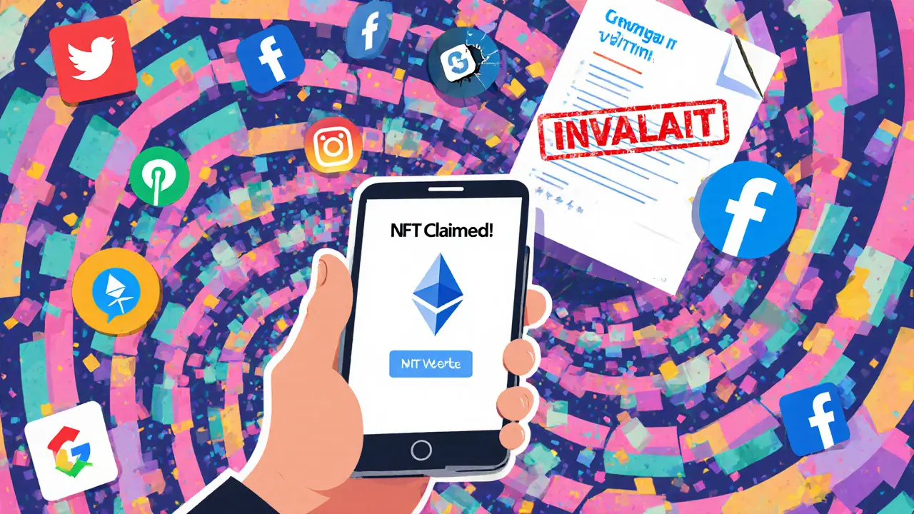 Utilisateur recevant un NFT tandis que des réseaux sociaux et un formulaire invalide s&#039;effondrent.