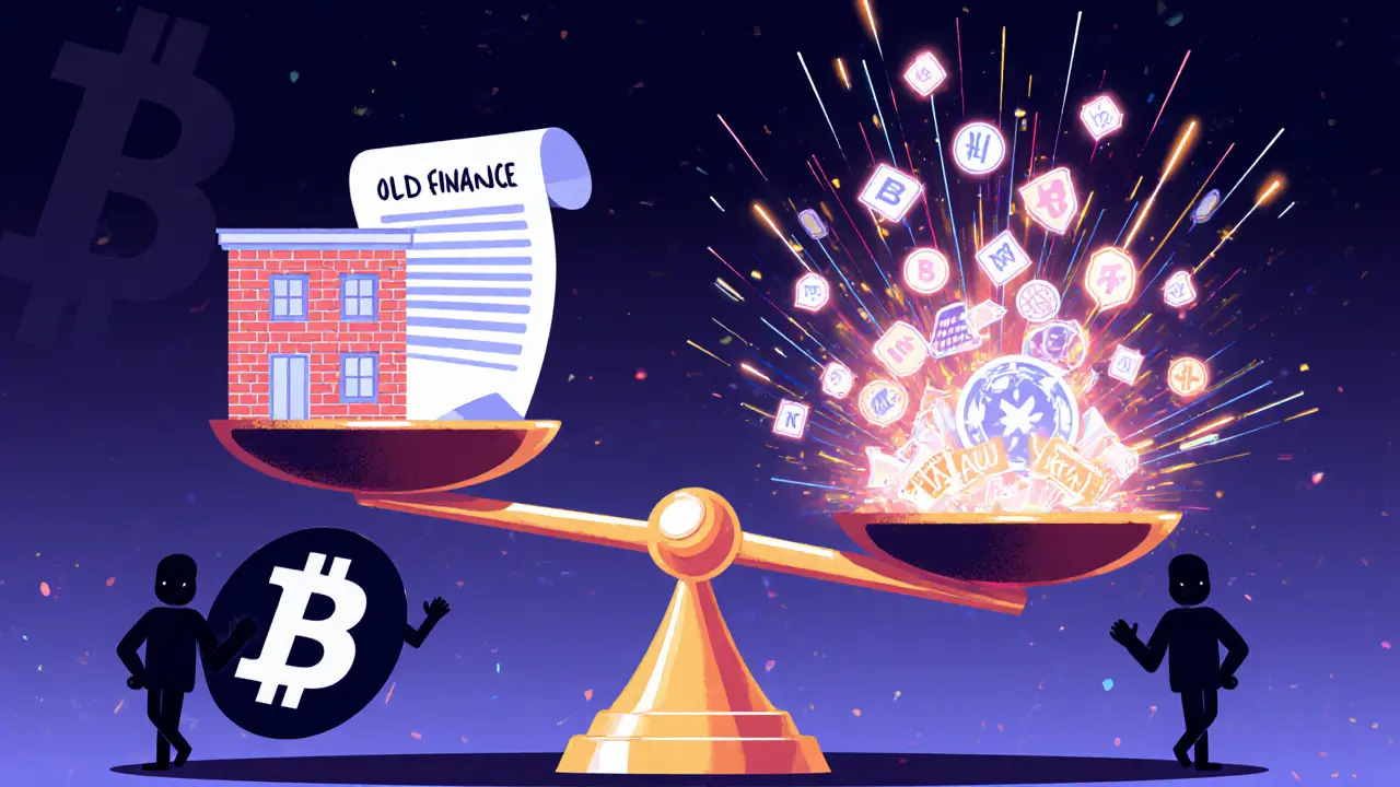 Balançoire géante opposant finance traditionnelle et jetons numériques, avec des formes vives et des lignes néon.
