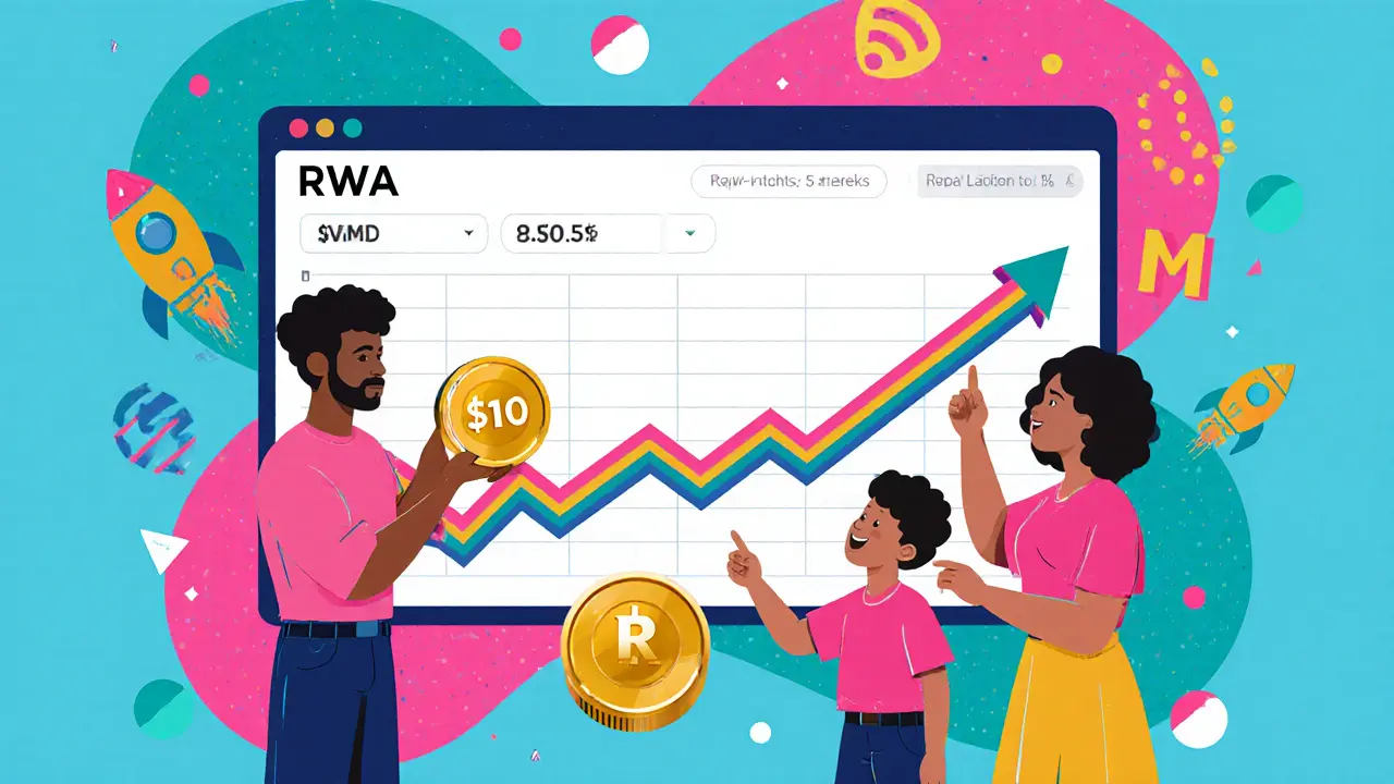 Groupe diversifié regardant un écran de données RWA, tenant des jetons de 10 dollars et d&#039;or, entouré de formes abstraites colorées.