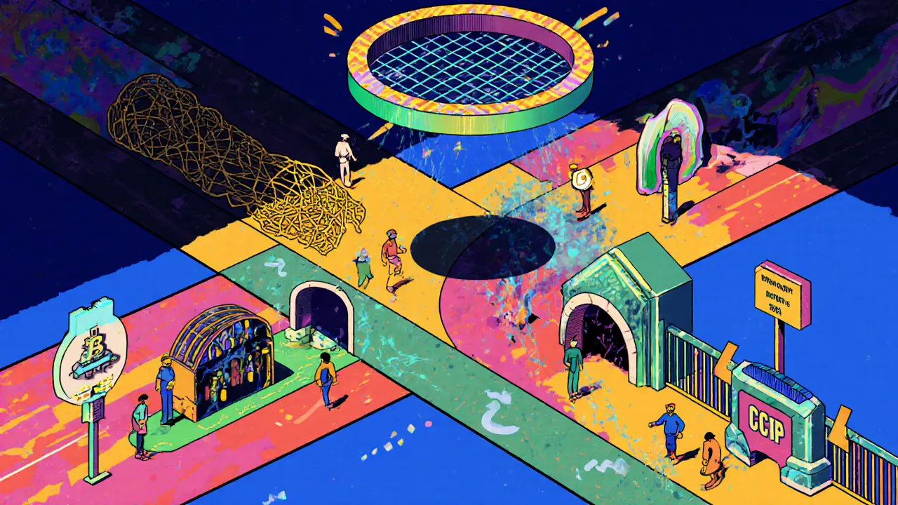 Intersection de cinq protocoles cross-chain dans un style géométrique vif et coloré.