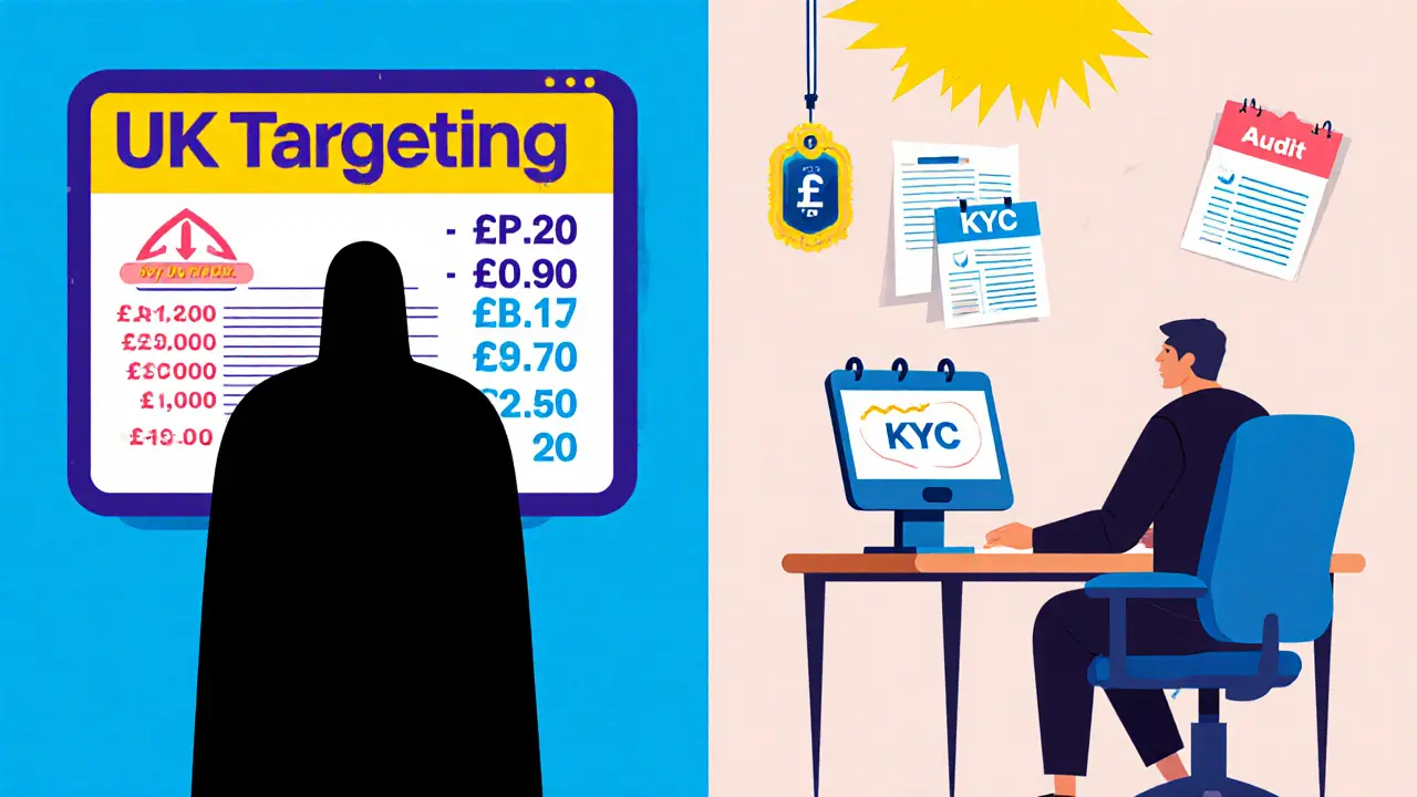 Scène divisée : d&#039;un côté le ciblage illégal du Royaume-Uni, de l&#039;autre la conformité VASP approuvée.