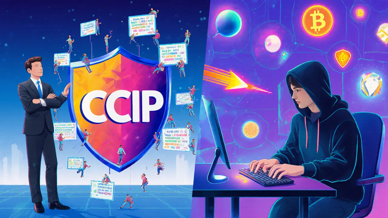 Scène divisée : un dirigeant avec le protocole CCIP et un développeur avec LayerZero.