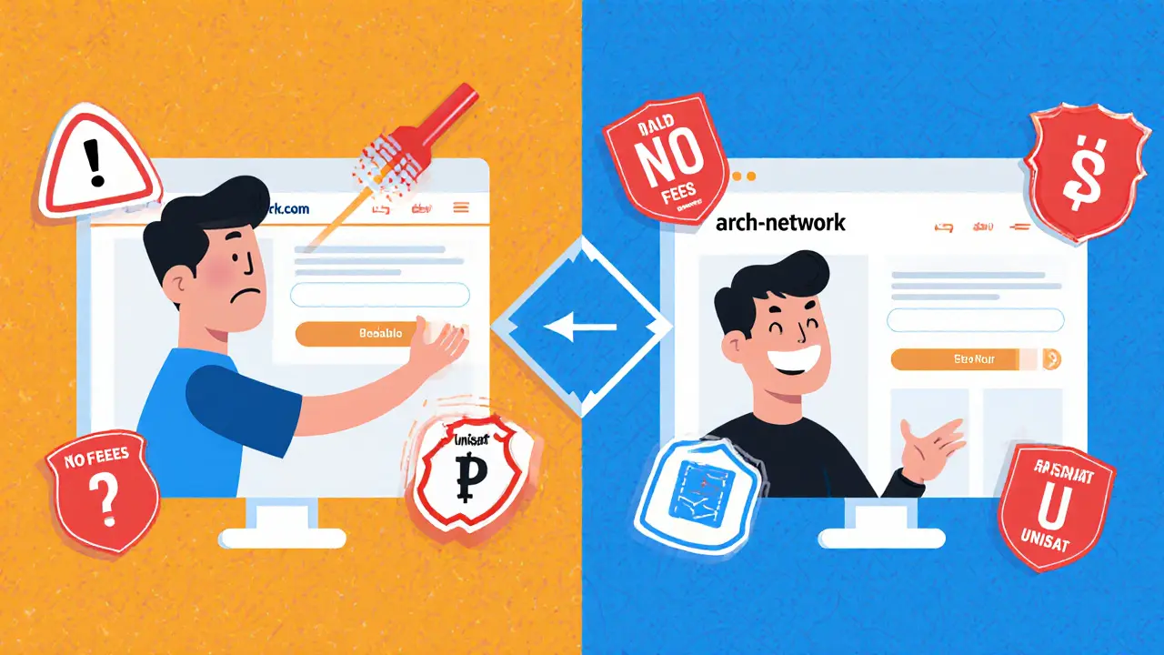 Scène divisée : utilisateur victime d&#039;une arnaque à gauche, utilisateur sécurisé à droite avec le portefeuille Unisat.