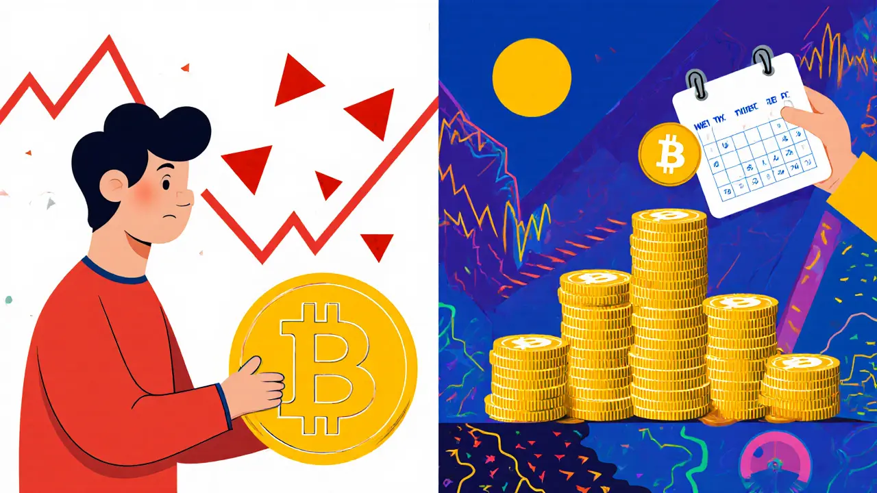 Comparaison entre un investisseur stressé et un autre calme utilisant le DCA avec des formes géométriques colorées.