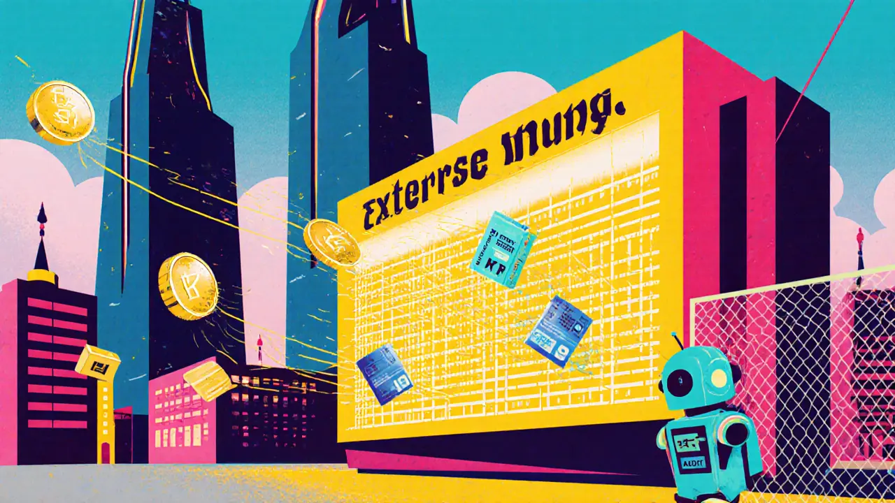 Des flux de données passent par un filtre &#039;Travel Rule&#039; dans une ville allemande stylisée.