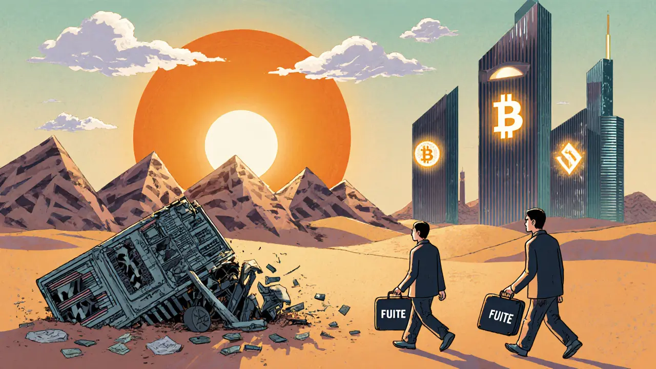 Des machines de minage abandonnées dans le désert, tandis que des personnes partent vers d&#039;autres pays.