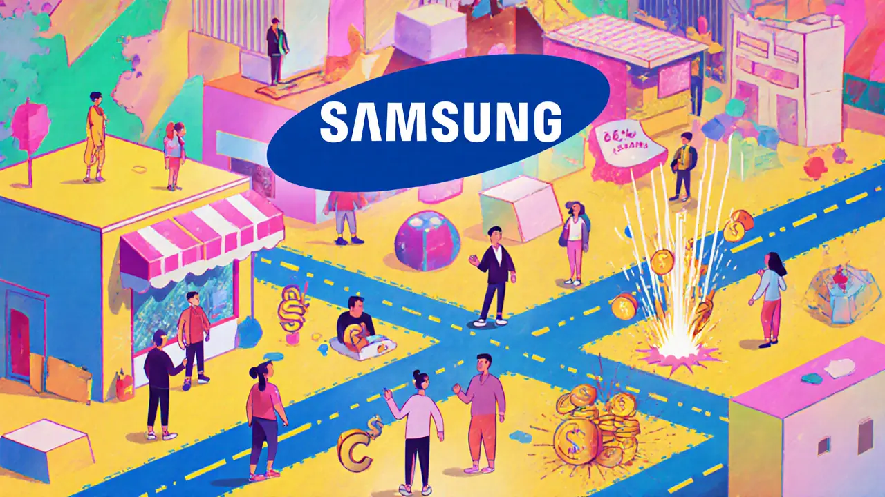 Marché virtuel animé dans The Sandbox avec magasin Samsung et parcelles géométriques colorées.
