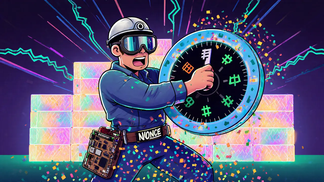 Mineur cartoon tournant un gros bouton nonce, entouré de blocs blockchain colorés.