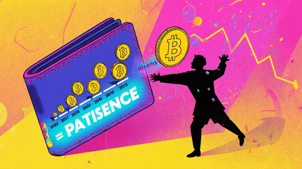 Portefeuille qui accumule des Bitcoin sur cinq ans avec des motifs géométriques et un message &#039;Patience &gt; Timing&#039;.