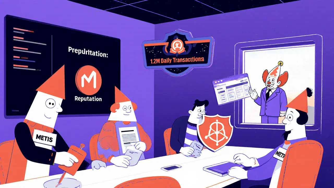 Réunion d&#039;une DAC Metis avec des membres actifs et un fraudeur exclu, représenté dans un style cartoon audacieux aux couleurs vives.