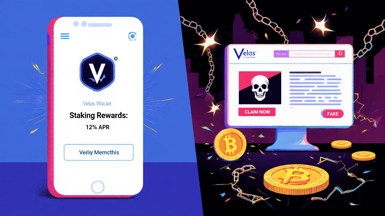 Scène divisée : portefeuille Velas légitime à gauche, site d&#039;arnaque menaçant à droite, style Memphis audacieux.