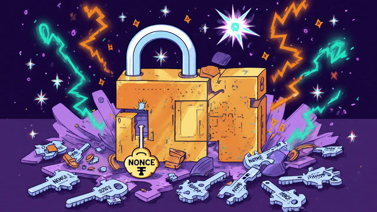 Serrure blockchain avec une clé nonce qui s&#039;insère, des tentatives échouées dispersées.