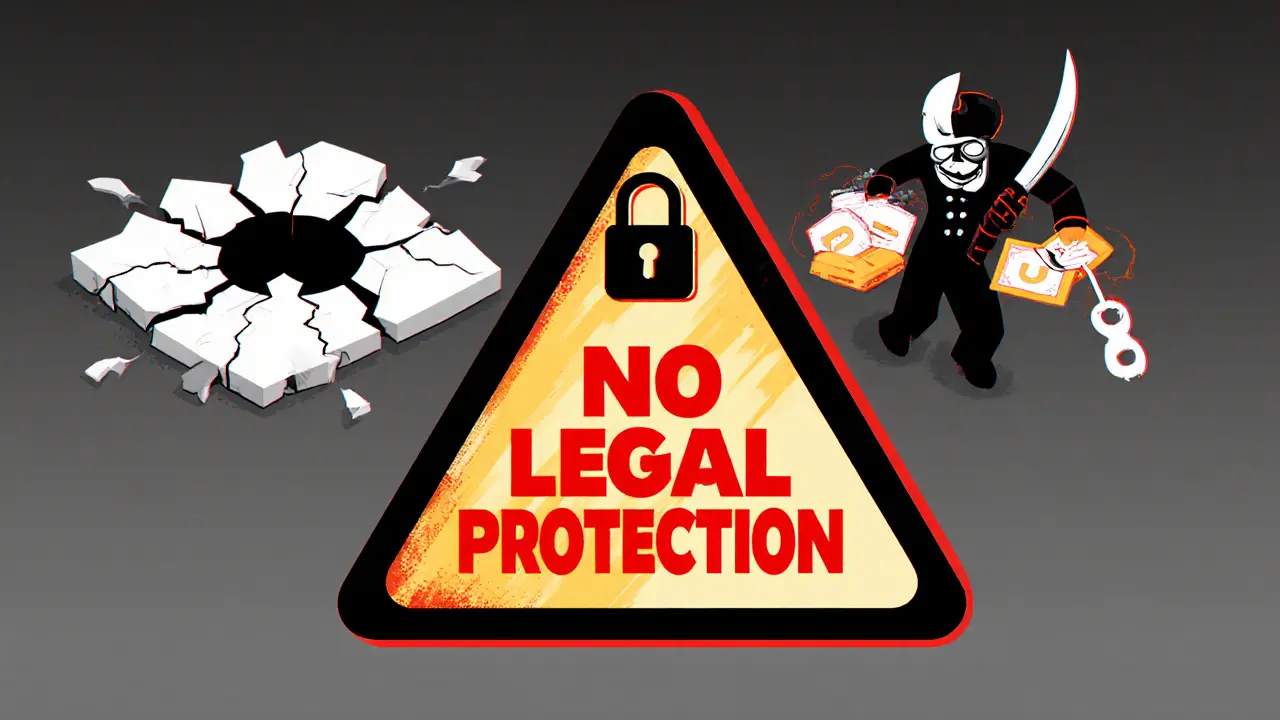 Terrain virtuel en décomposition avec pirate numérique et avertissement &#039;Aucune protection légale&#039;.