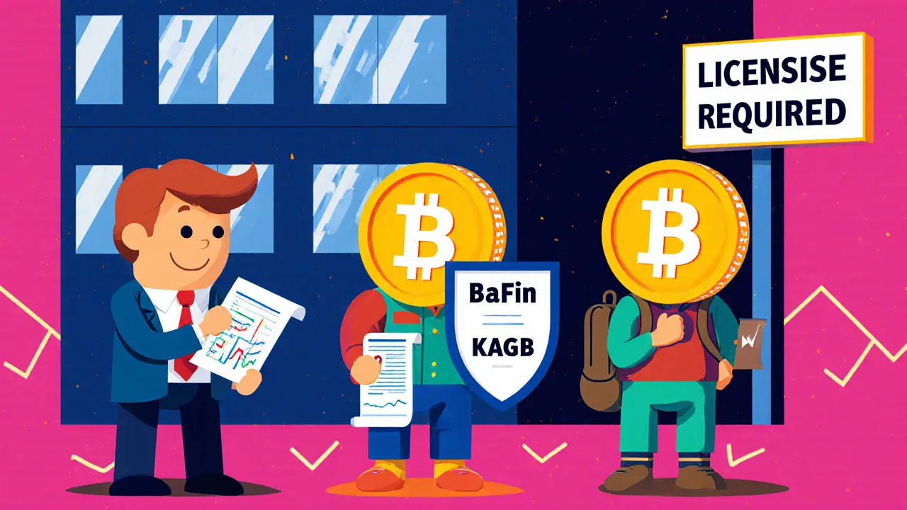 Trois types de tokens stylisés attendent leur licence devant un bâtiment de la BaFin.