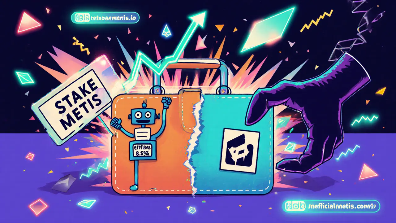 Un portefeuille digital attaqué par une griffe de fraude contre une récompense légale de staking METIS, dans un style graphique vif et géométrique.