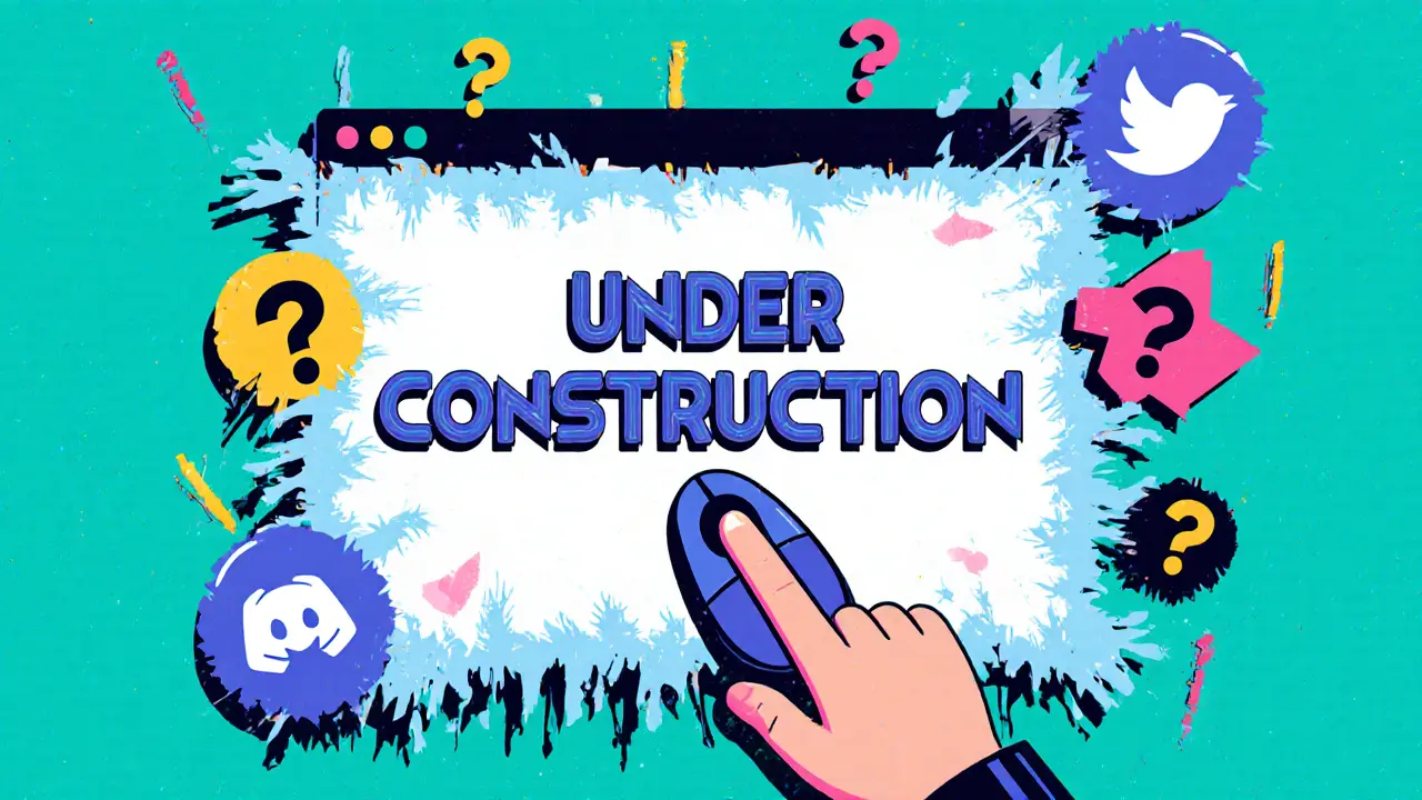 Utilisateur cliquant sur une page web figée avec le message &#039;Under Construction&#039;.