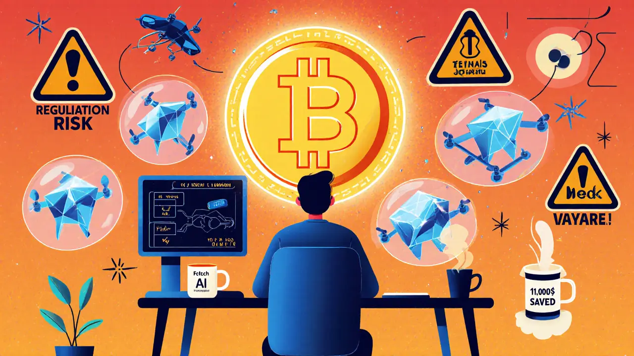 Développeur entouré d&#039;hologrammes d&#039;IA et de tokens, avec un message de gains et d&#039;apprentissage.