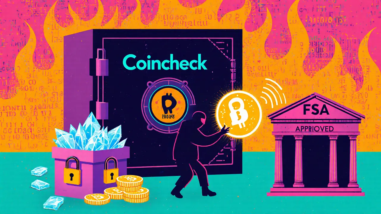 Scène stylisée d&#039;un piratage bloqué par un coffre-fort en stockage à froid, avec des symboles crypto et un audit FSA.