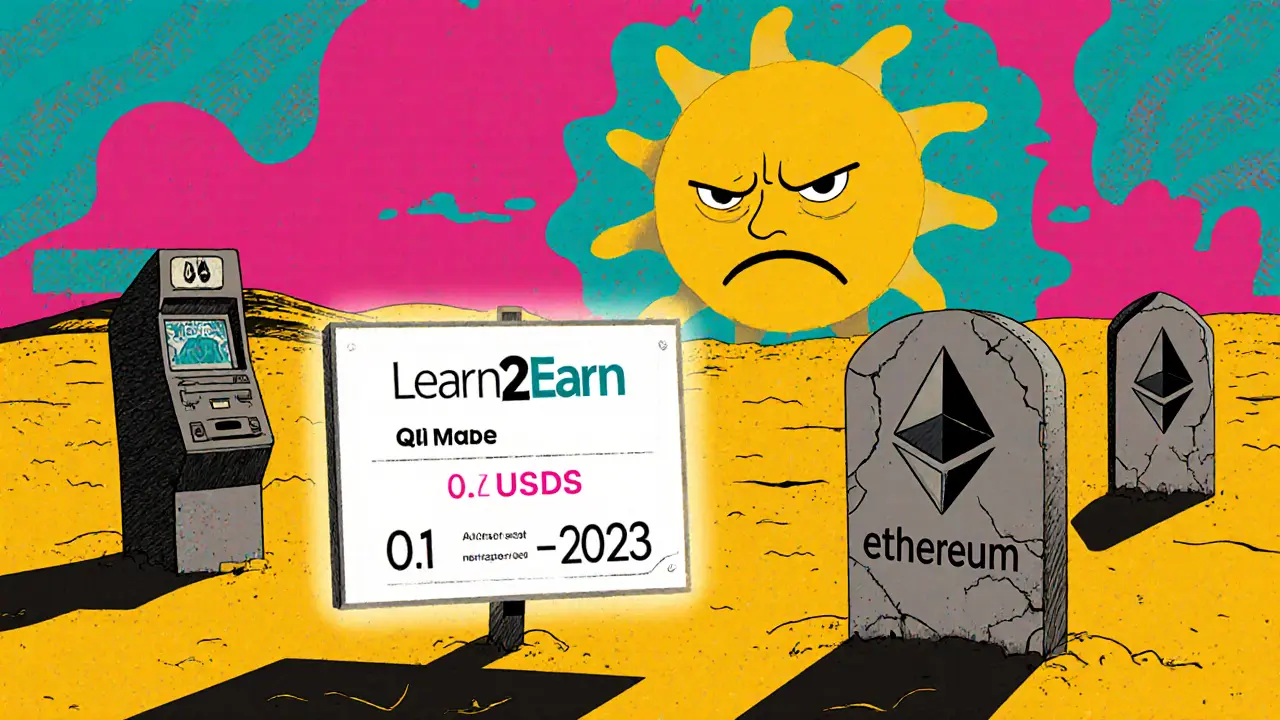 Un écran de quiz offrant 0,1 USDS dans un désert numérique, avec une pierre tombale marquée &#039;USDS 2023-2024&#039;.