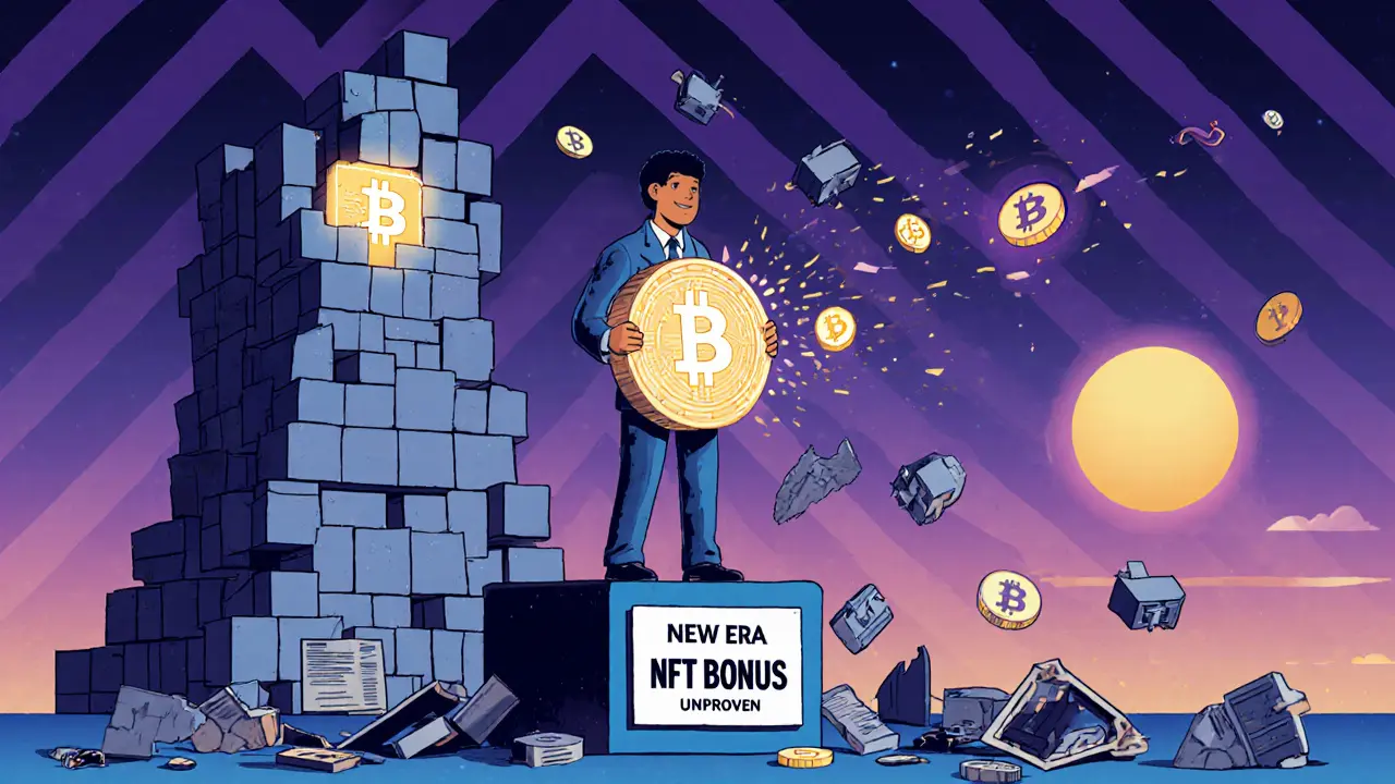 Un gagnant tient un NFT unique sous une tour blockchain incomplète, entouré de NFTs vides et de signaux d&#039;avertissement.