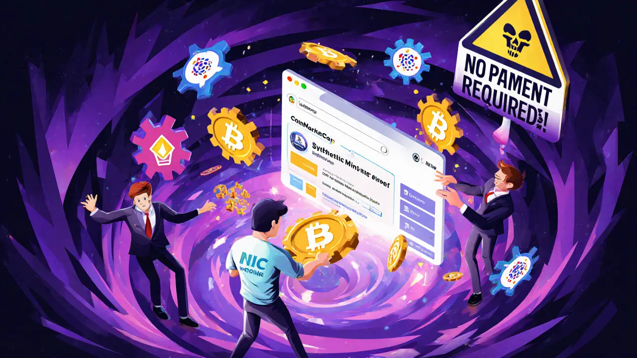 Un utilisateur connecte son portefeuille à CoinMarketCap tandis que des NFTs et des symboles HC tourbillonnent autour de lui.