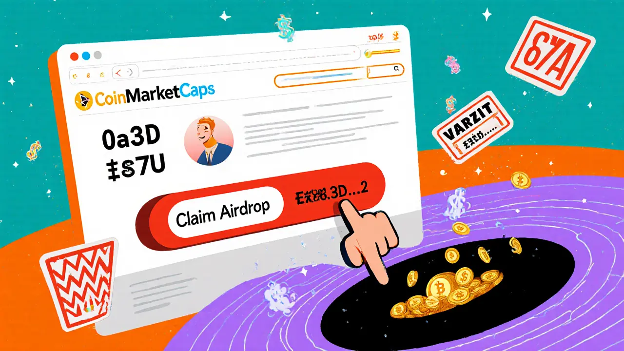 Une main clique sur un bouton &#039;Claim Airdrop&#039; qui aspire des pièces ETH dans un trou noir, entouré de faux logos.