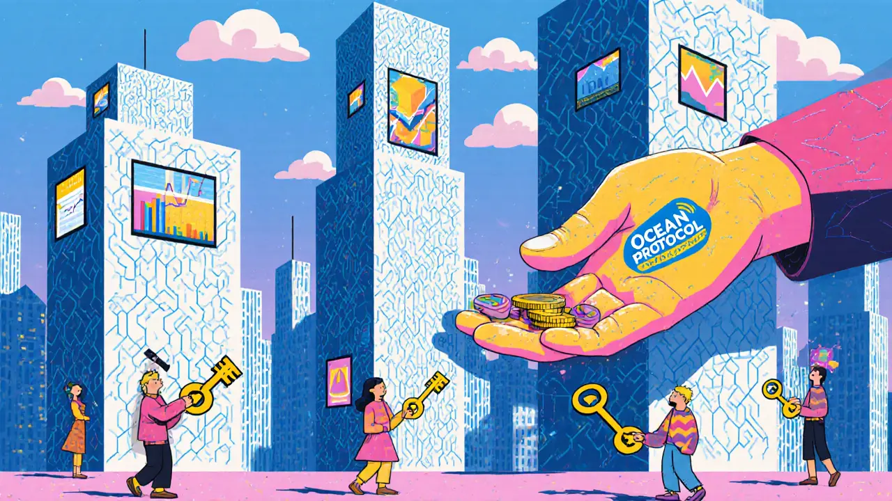 Ville décentralisée d&#039;IA où des citoyens utilisent des tokens pour accéder à des services intelligents.