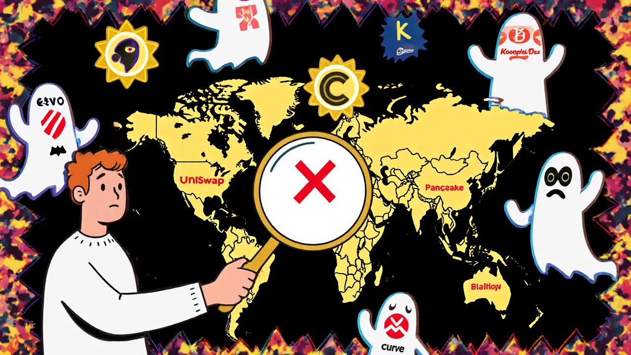 Carte du monde crypto avec Koopal Dex marqué d&#039;une croix rouge, tandis que d&#039;autres DEX brillent en or.