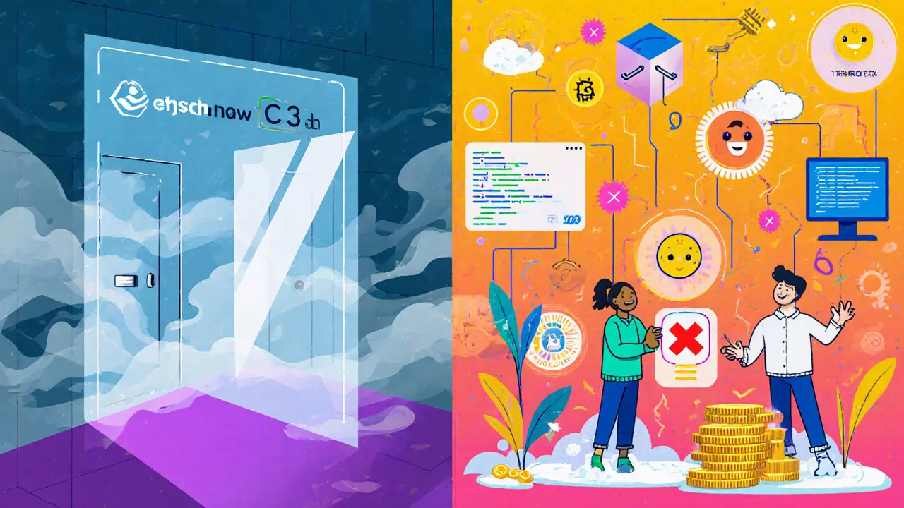 Comparaison entre C3 opaque et des alternatives transparentes comme Uniswap et Thorchain, style Memphis.